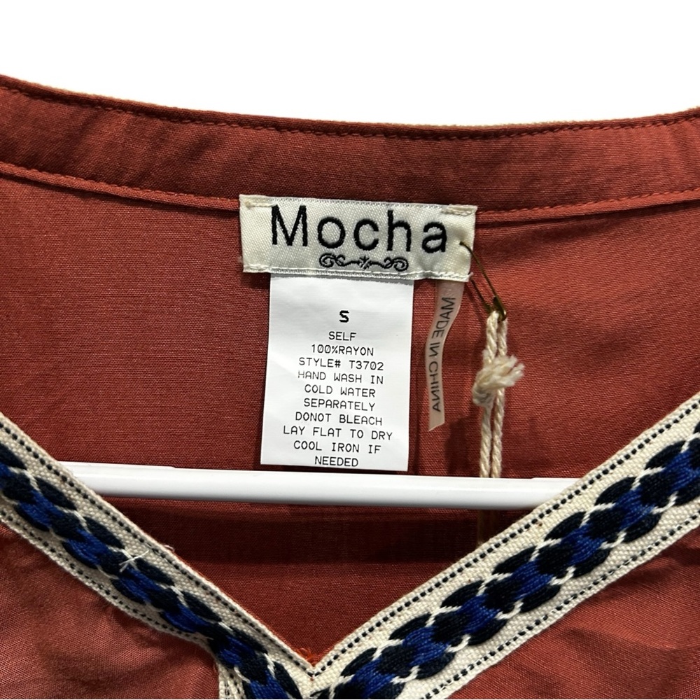 Mocha Apparel Rust Embroidered Boho Peasant Blouse Balloon Sleeve S NWT - Picture 5 of 6